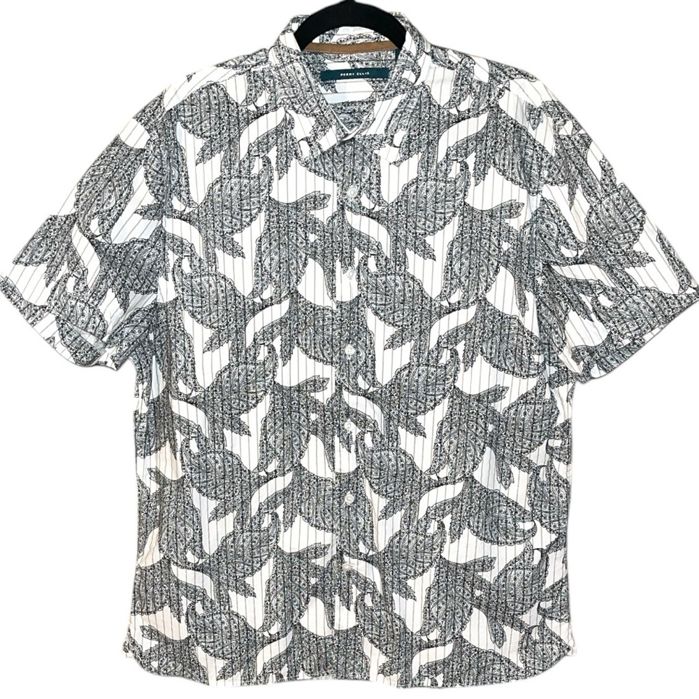 Perry Ellis Paisley Striped Button Down Camp Shirt Size L
